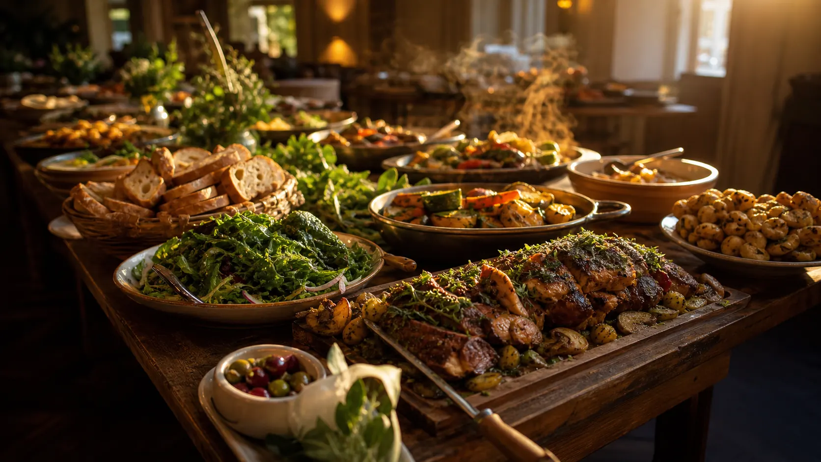 Warm, abundant family-style banquet spread